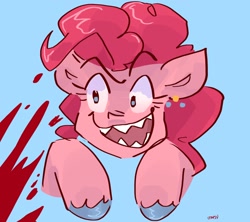 Size: 2048x1820 | Tagged: safe, artist:dmitrymemovznok, pinkie pie, earth pony, pony, g4, blood, sharp teeth, smiling, solo, teeth, unshorn fetlocks