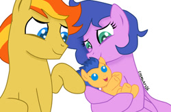 Size: 1102x725 | Tagged: safe, artist:cosmicart16, flash sentry, oc, oc:fire blaze, oc:melody, pegasus, pony, g4, baby, baby pony, colt flash sentry, family, father and child, father and son, female, holding a pony, like father like son, like mother like son, like parent like child, male, mare, mother and child, mother and son, pegasus oc, signature, simple background, stallion, trio, white background