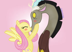 Size: 1054x758 | Tagged: safe, artist:cosmicart16, discord, fluttershy, draconequus, pegasus, pony, g4, blushing, eyes closed, female, holiday, kiss on the lips, kissing, male, mare, pink background, ship:discoshy, shipping, shocked, signature, simple background, straight, valentine's day