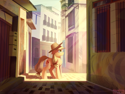 Size: 1920x1440 | Tagged: safe, artist:adagiostring, applejack, earth pony, pony, g4, applejack's hat, city, cowboy hat, cute, female, hat, mare, outdoors, smiling, solo, standing, street, sun, sunlight