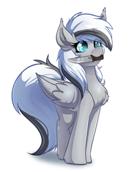 Size: 2496x3304 | Tagged: safe, artist:witchtaunter, oc, oc only, oc:silver edge, pegasus, pony, chest fluff, cute, ear fluff, feminine stallion, grimcute, high res, holding, knife, mouth hold, shoulder fluff, simple background, solo, standing, white background