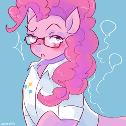 Size: 2048x2048 | Tagged: safe, artist:dmitrymemovznok, pinkie pie, earth pony, pony, g4, blushing, clothes, eyebrows, frown, glasses, high res, raised eyebrow, simple background, solo, standing