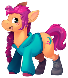 Size: 3407x3910 | Tagged: safe, artist:cutepencilcase, sunny starscout, earth pony, pony, g5, clothes, female, high res, hoodie, looking at you, mare, open mouth, open smile, simple background, smiling, socks, solo, sweater, transparent background