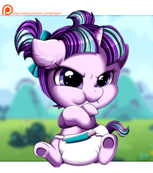 Size: 2030x2286 | Tagged: safe, artist:pridark, starlight glimmer, pony, unicorn, g4, age regression, angry, baby, baby pony, babylight glimmer, crossed arms, cute, diaper, female, filly, foal, frown, glimmerbetes, grumpy, high res, madorable, patreon, patreon reward, pigtails, puffy cheeks, scrunchy face, sitting, solo, underhoof, younger