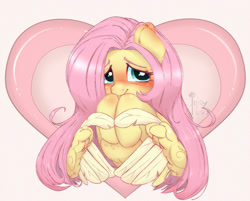 Size: 1000x804 | Tagged: safe, artist:inkypuso, fluttershy, pegasus, pony, g4, blushing, cute, daaaaaaaaaaaw, ear blush, feather fingers, female, heart, heart background, heart hands, holiday, hooves to the chest, looking at you, mare, shy, shyabetes, smiling, smiling at you, solo, valentine's day, wing hands, wings