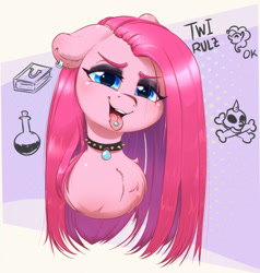 Size: 951x1000 | Tagged: safe, artist:inkypuso, pinkie pie, earth pony, pony, g4, bust, chest fluff, choker, cute, cuteamena, ear piercing, earring, female, floppy ears, jewelry, looking at you, mare, night in the woods, open mouth, open smile, piercing, pinkamena diane pie, punkamena, punkie pie, smiling, smiling at you, solo, spiked choker, tongue out, tongue piercing