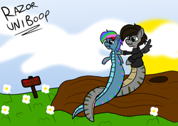 Size: 2817x2000 | Tagged: safe, artist:razoruniboop, oc, oc only, oc:azure star (fauli1221), oc:razoruniboop, bat pony, changeling, hybrid, lamia, original species, flower, grass, high res, hoofbump, lamiafied, male, species swap, sun, wood