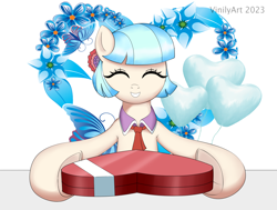 Size: 1524x1152 | Tagged: safe, artist:vinilyart, coco pommel, earth pony, pony, g4, balloon, box of chocolates, chocolate, cocobetes, cute, eyes closed, flower, food, heart, heart balloon, hearts and hooves day, holiday, looking at you, open mouth, open smile, simple background, smiling, smiling at you, valentine's day, white background