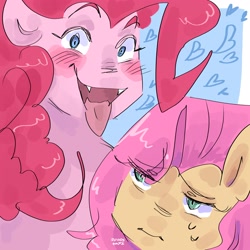 Size: 2048x2048 | Tagged: safe, artist:dmitrymemovznok, fluttershy, pinkie pie, earth pony, pegasus, pony, g4, blushing, close-up, duo, frown, heart, high res, sharp teeth, smiling, sweat, sweatdrop, teeth, tongue out