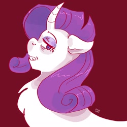 Size: 2048x2048 | Tagged: safe, artist:dmitrymemovznok, rarity, pony, unicorn, g4, bags under eyes, bust, chest fluff, high res, red background, side view, simple background, smiling, smirk, solo