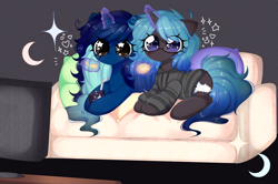 Size: 8901x5902 | Tagged: safe, artist:arwencuack, oc, oc only, oc:midnight specter, oc:nightlight canvas, alicorn, pony, unicorn, big eyes, chips, clothes, commission, couch, cute, duo, eating, female, food, glasses, hoodie, long hair, long mane, long tail, magic, magic aura, multicolored hair, pillow, siblings, sisters, sitting, starry eyes, tail, television, watching tv