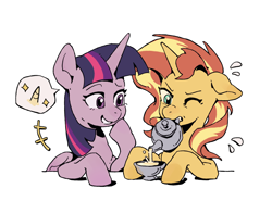 Size: 2736x2144 | Tagged: safe, artist:yanming98294, sunset shimmer, twilight sparkle, alicorn, pony, unicorn, g4, cup, duo, female, high res, mare, mouth hold, simple background, speech bubble, teacup, teapot, twilight sparkle (alicorn), white background