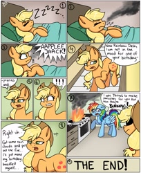 Size: 2189x2688 | Tagged: safe, artist:galaxy swirl, applejack, rainbow dash, earth pony, pegasus, pony, g4, applejack's hat, bed, blanket, comic, cowboy hat, dialogue, exclamation point, female, fire, frying pan, hat, high res, interrobang, lesbian, onomatopoeia, oven, question mark, ship:appledash, shipping, smoke, sound effects, speech bubble, zzz