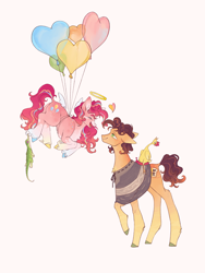 Size: 3375x4500 | Tagged: safe, artist:qpnnn, boneless, cheese sandwich, gummy, pinkie pie, alligator, earth pony, pony, g4, balloon, biting, clothes, coat markings, concave belly, female, floating, floating heart, halo, heart, heart balloon, hooves, male, mare, multicolored hooves, poncho, ship:cheesepie, shipping, simple background, socks (coat markings), stallion, straight, tail, tail bite, then watch her balloons lift her up to the sky, unshorn fetlocks, white background