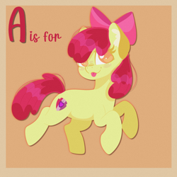 Size: 2048x2048 | Tagged: safe, artist:plushtrapez, apple bloom, earth pony, pony, g4, :p, adorabloom, apple bloom's bow, bow, cute, female, filly, foal, hair bow, high res, simple background, solo, text, tongue out