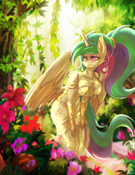 Size: 1000x1300 | Tagged: safe, alternate version, artist:shad0w-galaxy, princess celestia, alicorn, anthro, g4, alternate hairstyle, big breasts, blushing, breasts, busty princess celestia, chest fluff, clothes, dress, ear fluff, female, flower, fluffy, garden, gloves, jewelry, large wings, leaning forward, mare, necklace, plants, shoulder fluff, smiling, solo, stockings, sundress, thigh highs, watermark, wings