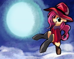 Size: 4374x3508 | Tagged: safe, artist:solid shrimp, fluttershy, pegasus, pony, g4, aside glance, broom, clothes, female, flying, flying broomstick, full moon, hat, high res, looking at you, moon, night, open mouth, open smile, outdoors, sitting, smiling, smiling at you, solo, stockings, thigh highs, witch, witch hat