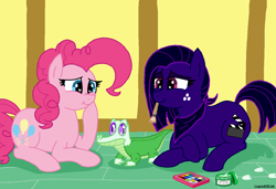 Size: 1234x846 | Tagged: safe, artist:legendoflink, gummy, pinkie pie, oc, oc:midnight showing, alligator, earth pony, pony, g4, bandana, duo, duo female, earth pony oc, female, freckles, heart, heart eyes, lying down, makeup, mouth hold, ms paint, prone, smiling, stifling laughter, wingding eyes