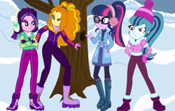 Size: 5000x3182 | Tagged: safe, artist:bigpurplemuppet99, adagio dazzle, aria blaze, sci-twi, sonata dusk, twilight sparkle, human, equestria girls, g4, clothes swap, day, snow, the dazzlings, tree, winter