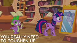 Size: 1920x1080 | Tagged: safe, edit, edited screencap, editor:quoterific, screencap, spike, twilight sparkle, dragon, pony, unicorn, g4, it's about time, season 2, book, bookshelf, dirty, duo, duo male and female, female, frown, golden oaks library, ladder, looking, looking back, male, mare, messy, messy mane, mirror, open mouth, open smile, reflection, scroll, scuff mark, smiling, unicorn twilight