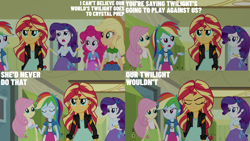 Size: 2000x1125 | Tagged: safe, edit, edited screencap, editor:quoterific, screencap, applejack, fluttershy, pinkie pie, rainbow dash, rarity, sunset shimmer, human, equestria girls, g4, my little pony equestria girls: friendship games, applejack's hat, concerned, confused, cowboy hat, eyes closed, female, freckles, frown, hat, humane five, implied sci-twi, implied twilight sparkle, looking up, open mouth, sunset shimmer is not amused, unamused