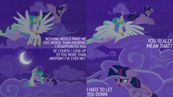 Size: 2000x1125 | Tagged: safe, edit, edited screencap, editor:quoterific, screencap, princess celestia, twilight sparkle, alicorn, pony, g4, horse play, cloud, crescent moon, crown, duo, duo female, ethereal mane, ethereal tail, female, floppy ears, flying, hoof shoes, jewelry, mare, moon, night, night sky, open mouth, open smile, peytral, regalia, sad, sky, smiling, spread wings, tail, twilight sparkle (alicorn), wings