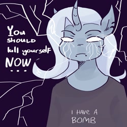 Size: 2048x2048 | Tagged: safe, artist:dmitrymemovznok, trixie, unicorn, anthro, g4, abuse, bust, clothes, ear piercing, frown, high res, meme, piercing, solo, text, you should kill yourself now