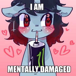 Size: 2048x2048 | Tagged: safe, artist:dmitrymemovznok, pony, unicorn, blushing, drinking straw, ear piercing, food, freckles, gradient background, heart, high res, meme, monster energy, piercing, sitting, solo, text, wingding eyes