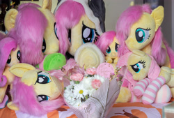 Size: 5119x3456 | Tagged: safe, artist:natureshy, fluttershy, pegasus, pony, g4, bed, bouquet, bouquet of flowers, clothes, cute, flower, heart, heart eyes, hearts and hooves day, holiday, irl, multeity, photo, plushie, pony plushie, present, shyabetes, so much flutter, socks, striped socks, valentine's day, wingding eyes