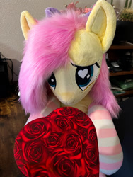Size: 1350x1800 | Tagged: safe, artist:natureshy, fluttershy, pegasus, pony, g4, clothes, cute, heart, heart eyes, hearts and hooves day, holiday, irl, photo, plushie, pony plushie, present, socks, solo, striped socks, valentine, valentine's day, wingding eyes