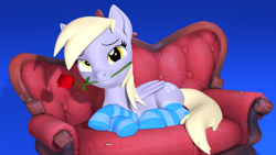Size: 3840x2160 | Tagged: safe, artist:owlpirate, derpy hooves, pegasus, pony, g4, 3d, 4k, clothes, couch, female, flower, flower in mouth, gradient background, hearts and hooves day, high res, looking at you, lying down, mare, mouth hold, prone, rose, rose in mouth, socks, solo, source filmmaker, striped socks, valentine's day card