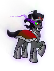 Size: 642x850 | Tagged: safe, artist:skydreams, king sombra, pony, unicorn, g4, dark magic, evil smile, glowing, glowing eyes, grin, magic, male, raised hoof, simple background, smiling, solo, sombra eyes, stallion, transparent background