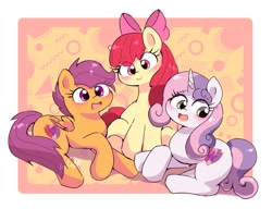 Size: 2048x1571 | Tagged: safe, artist:leo19969525, apple bloom, scootaloo, sweetie belle, earth pony, pegasus, pony, unicorn, g4, adorabloom, apple bloom's bow, blushing, bow, cute, cutealoo, cutie mark crusaders, cutie mark cuties, diasweetes, ears, ears up, green eyes, hair bow, horn, open mouth, orange eyes, pink eyes, sitting, smiling, the cmc's cutie marks, trio, wings