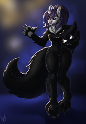Size: 1640x2360 | Tagged: safe, artist:stirren, oc, oc:weel'kha, kirin, anthro, abstract background, disembodied head, fursuit, kirin oc, living clothes, living suit, paw pads, paws, pose, waving