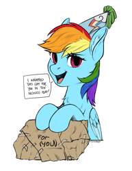 Size: 2002x2592 | Tagged: safe, artist:taytinabelle, color edit, derpibooru exclusive, edit, editor:maonyman, rainbow dash, pegasus, pony, g4, 10 seconds flat, birthday, birthday present, chest fluff, colored, colored wings, dialogue, ear fluff, female, folded wings, hat, high res, looking at you, mare, open mouth, package, packaging, party hat, present, simple background, solo, speech bubble, two toned wings, white background, wings