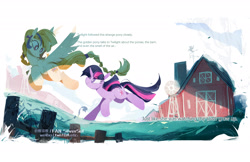 Size: 2314x1500 | Tagged: safe, artist:fan_silversol, golden feather, princess celestia, twilight sparkle, pegasus, pony, unicorn, g4, barn, female, grass, mare, unicorn twilight, windmill