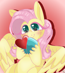 Size: 1000x1127 | Tagged: safe, artist:pagophasia, derpibooru exclusive, fluttershy, pegasus, pony, g4, blushing, colored hooves, cute, cutie mark eyes, daaaaaaaaaaaw, drop shadow, eye reflection, female, gradient background, happy, heart, hearts and hooves day, hoof hold, hooves together, impossibly long eyelashes, looking at you, mare, pink background, reflection, shyabetes, simple background, smiling, smiling at you, solo, unshorn fetlocks, weapons-grade cute, wingding eyes, wings