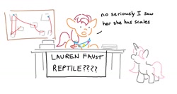 Size: 1500x800 | Tagged: safe, artist:attila, sunny starscout, earth pony, pony, unicorn, g5, conspiracy board, duo, female, filly, foal, implied lauren faust, implied lizard people, mare, sash, simple background, white background