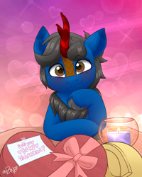 Size: 2082x2598 | Tagged: safe, artist:rivin177, oc, oc:flare flare, oc:harvest duran, kirin, pony, blushing, candle, chocolate, commission, date, food, heart, heart eyes, hearts and hooves day, high res, holiday, hooves, horn, kirin oc, message, no neck, raised hoof, ribbon, shy, smiling, solo focus, table, valentine's day, wingding eyes, ych result