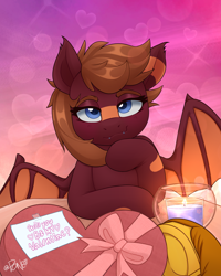 Size: 2082x2598 | Tagged: safe, artist:rivin177, oc, oc:cocoa buei, bat pony, pony, candle, chocolate, commission, date, food, heart, heart eyes, hearts and hooves day, high res, holiday, hooves, horn, message, no neck, raised hoof, ribbon, smiling, solo focus, table, valentine's day, wingding eyes, ych result