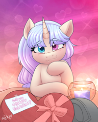 Size: 2082x2598 | Tagged: safe, artist:rivin177, oc, oc:nightfall, bat pony, pony, unicorn, candle, chocolate, commission, date, food, heart, heart eyes, hearts and hooves day, heterochromia, high res, holiday, hooves, horn, message, no neck, raised hoof, ribbon, smiling, solo focus, table, valentine's day, wingding eyes, ych result