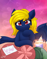 Size: 2082x2598 | Tagged: safe, artist:rivin177, oc, oc:anon, oc:naveen numbers, pegasus, pony, candle, chocolate, commission, date, food, gay, heart, heart eyes, hearts and hooves day, high res, holiday, hooves, horn, male, message, no neck, raised hoof, ribbon, smiling, solo focus, spread wings, table, valentine's day, wingding eyes, wings, ych result