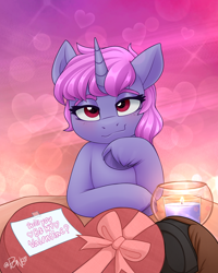Size: 2082x2598 | Tagged: safe, artist:rivin177, oc, oc:samantha, oc:samantha mosely, oc:uriah koonz, pony, unicorn, bedroom eyes, blushing, candle, chocolate, commission, date, food, heart, heart eyes, hearts and hooves day, high res, holiday, hooves, horn, looking at you, male, male pov, message, no neck, offscreen character, offscreen male, pov, raised hoof, ribbon, sexy eyes, smiling, smiling at you, solo focus, table, valentine's day, wingding eyes, ych result