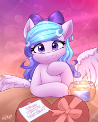 Size: 2082x2598 | Tagged: safe, artist:rivin177, oc, oc:angela, pegasus, pony, blushing, candle, chocolate, commission, date, food, heart, heart eyes, hearts and hooves day, high res, holiday, hooves, horn, message, no neck, not izzy moonbow, raised hoof, ribbon, smiling, solo focus, spread wings, table, valentine's day, wingding eyes, wings, ych result