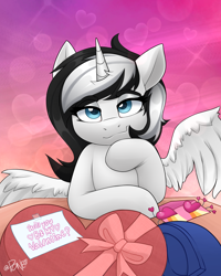 Size: 2082x2598 | Tagged: safe, artist:rivin177, oc, alicorn, pony, alicorn oc, blushing, candle, chocolate, commission, date, food, heart, heart eyes, hearts and hooves day, high res, holiday, hooves, horn, message, no neck, raised hoof, ribbon, sexy eyes, smiling, solo focus, spread wings, table, valentine's day, valentine's day card, wingding eyes, wings, ych result