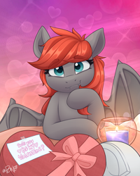 Size: 2082x2598 | Tagged: safe, artist:rivin177, oc, oc:grem, bat pony, pony, blushing, candle, chocolate, commission, date, food, heart, heart eyes, hearts and hooves day, high res, holiday, hooves, horn, message, no neck, raised hoof, ribbon, smiling, solo focus, spread wings, table, valentine's day, wingding eyes, wings, ych result