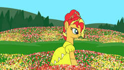 Size: 1920x1080 | Tagged: safe, artist:platinumdrop, sunset shimmer, g4, clothes, dress, flowery meadow, frankie foster, gloves, jewelry, request, solo, tiara