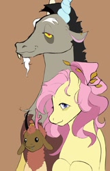 Size: 772x1202 | Tagged: safe, artist:limbteeth, artist:vilesmell, discord, fluttershy, oc, oc:demure, draconequus, pegasus, pony, g4, brown background, female, lidded eyes, male, offspring, ship:discoshy, shipping, simple background, smiling, straight