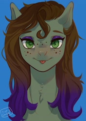 Size: 2480x3508 | Tagged: safe, artist:jaynsparkle, oc, oc only, pony, blue background, blushing, commission, eyeshadow, female, high res, looking at you, makeup, mare, simple background, smiling, smiling at you, solo, tongue out, traditional art