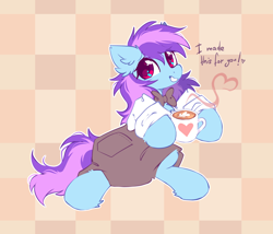 Size: 2100x1800 | Tagged: safe, artist:mirtash, oc, oc only, oc:nohra, pony, bowtie, clothes, ear fluff, female, looking at you, mare, mug, sitting, smiling, smiling at you, solo, talking to viewer
